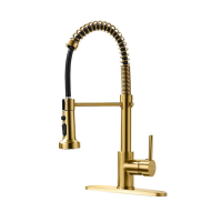 CYEN Commercial Single Handle Pull Down Sprayer LED light Kitchen faucet Brushed Gold Kitchen Sink Faucet With Deck Plate